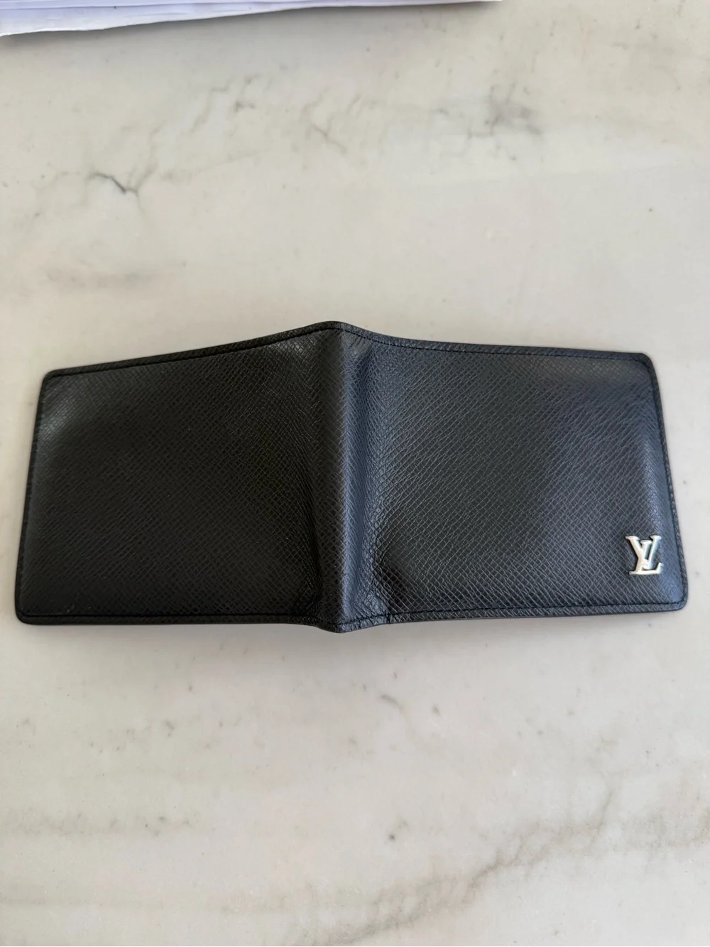 Louis Vuitton Black Textured Leather Card Holder with Silver LV Emblem